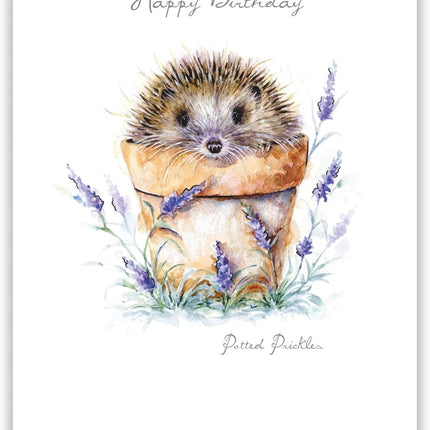 Birthday Card for Women – Hedgehog & Flower Pot Silver Foil Design