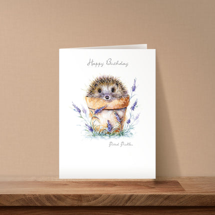 Birthday Card for Women – Hedgehog & Flower Pot Silver Foil Design
