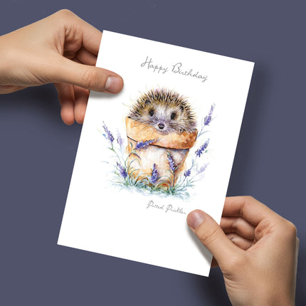Birthday Card for Women – Hedgehog & Flower Pot Silver Foil Design
