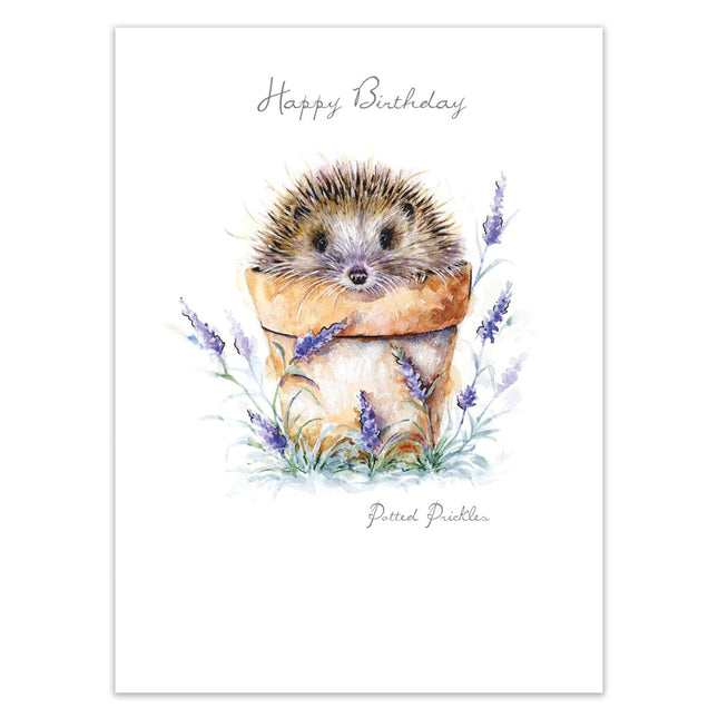 Birthday Card for Women – Hedgehog & Flower Pot Silver Foil Design