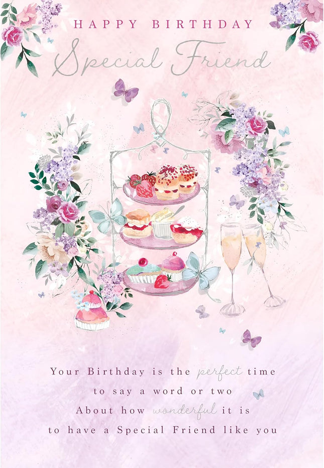 Birthday Card for Special Friend – Floral Afternoon Tea Design with Foil Details