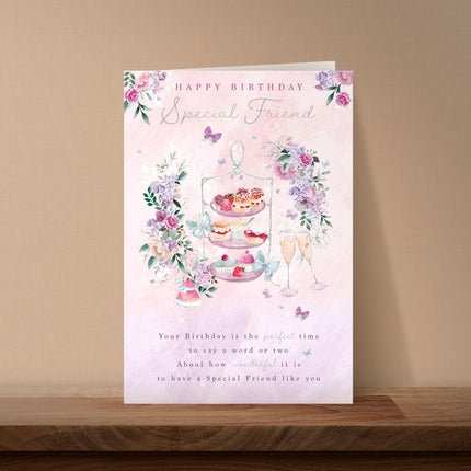 Birthday Card for Special Friend – Floral Afternoon Tea Design with Foil Details