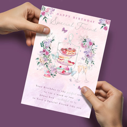 Birthday Card for Special Friend – Floral Afternoon Tea Design with Foil Details