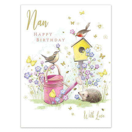Birthday Card for Nan – Garden Wildlife Hedgehog & Little Birds Design