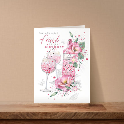 Birthday Card for a Special Friend – Gin Bottle & Flowers Design with Foil Details