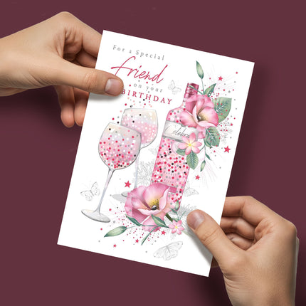 Birthday Card for a Special Friend – Gin Bottle & Flowers Design with Foil Details