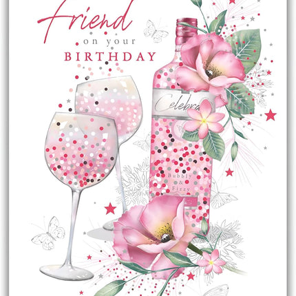 Birthday Card for a Special Friend – Gin Bottle & Flowers Design with Foil Details