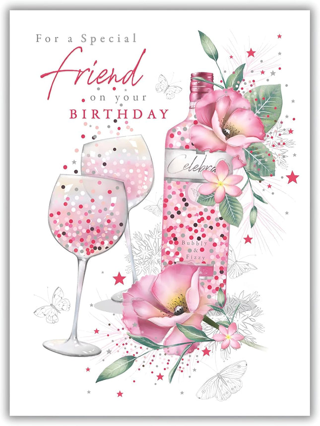 Birthday Card for a Special Friend – Gin Bottle & Flowers Design with Foil Details