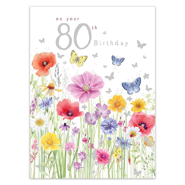 80th Birthday Card for Her – Flowers & Butterflies Design