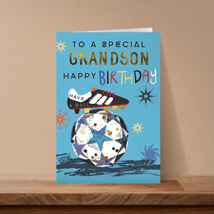 Birthday Card for Grandson – Football & Stars Foil Design