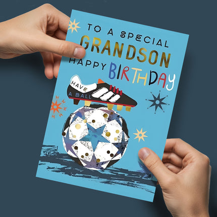 Birthday Card for Grandson – Football & Stars Foil Design