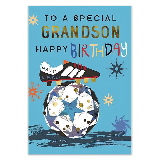 Birthday Card for Grandson – Football & Stars Foil Design