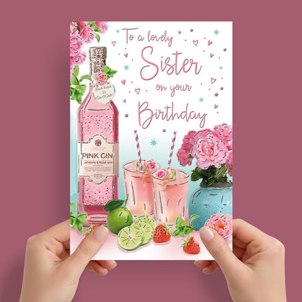 Birthday Card for Sister – Pink Gin Cocktails Sentimental Design
