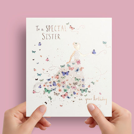 Birthday Card for Sister – Elegant Dress Design Embossed Finish