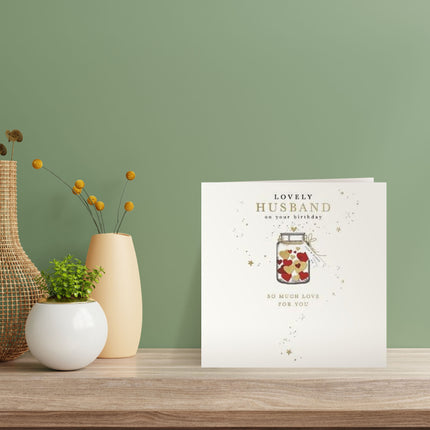 Birthday Card for Husband – Love Hearts in a Jar Gold Foil Design