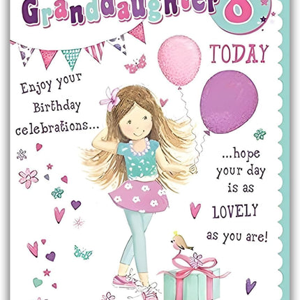 Birthday Card for Granddaughter – Girly Balloon, Flower & Heart Design Age 8