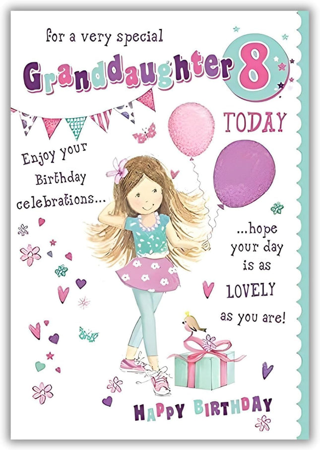 Birthday Card for Granddaughter – Girly Balloon, Flower & Heart Design Age 8
