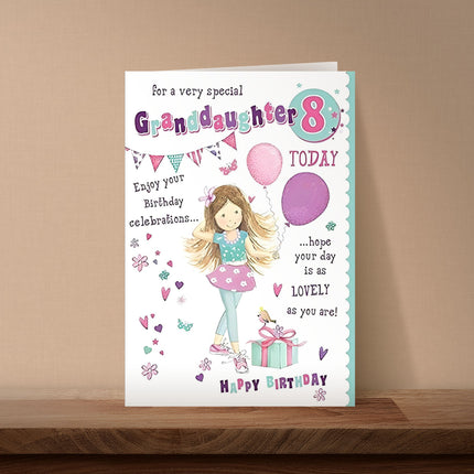 Birthday Card for Granddaughter – Girly Balloon, Flower & Heart Design Age 8