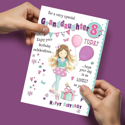 Birthday Card for Granddaughter – Girly Balloon, Flower & Heart Design Age 8