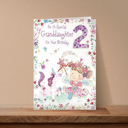 Birthday Card for Granddaughter – Age 2 Fairy & Unicorn Design