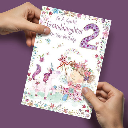 Birthday Card for Granddaughter – Age 2 Fairy & Unicorn Design