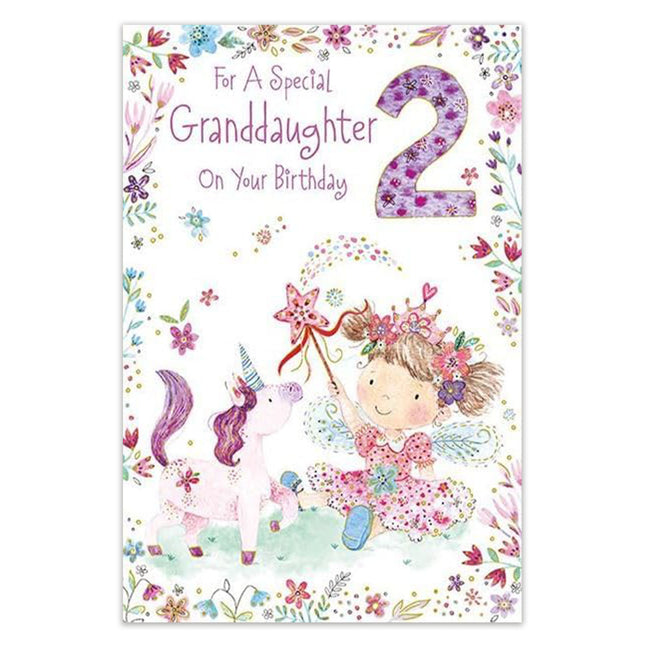 Birthday Card for Granddaughter – Age 2 Fairy & Unicorn Design