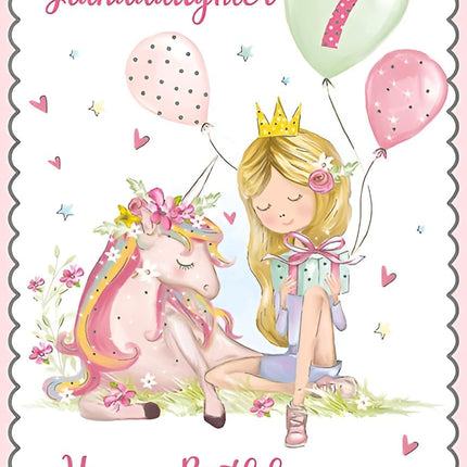 Birthday Card for Granddaughter – Age 7 Unicorn & Girl Design