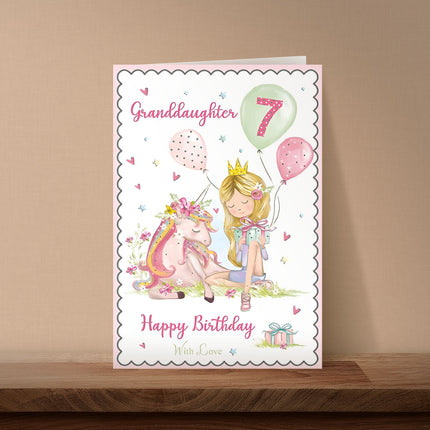 Birthday Card for Granddaughter – Age 7 Unicorn & Girl Design