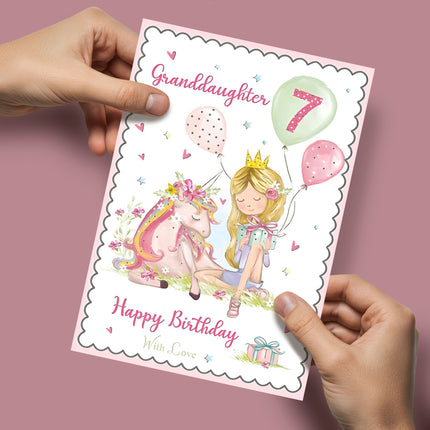 Birthday Card for Granddaughter – Age 7 Unicorn & Girl Design