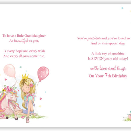 Birthday Card for Granddaughter – Age 7 Unicorn & Girl Design