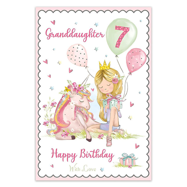 Birthday Card for Granddaughter – Age 7 Unicorn & Girl Design