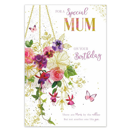 Birthday Card for Mum – Floral Hanging Basket & Butterflies Gold Foil Design