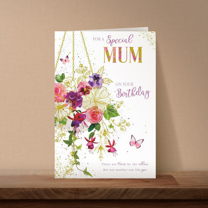 Birthday Card for Mum – Floral Hanging Basket & Butterflies Gold Foil Design