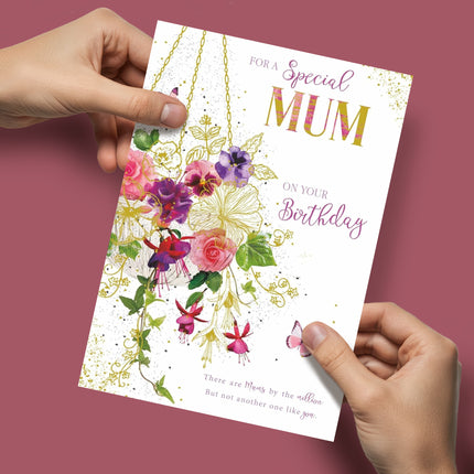Birthday Card for Mum – Floral Hanging Basket & Butterflies Gold Foil Design