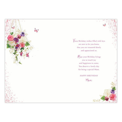 Birthday Card for Mum – Floral Hanging Basket & Butterflies Gold Foil Design
