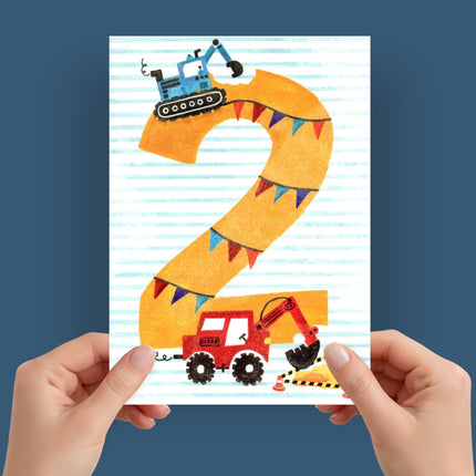 Birthday Card for Boy – Age 2 Diggers & Trucks Illustrated Design