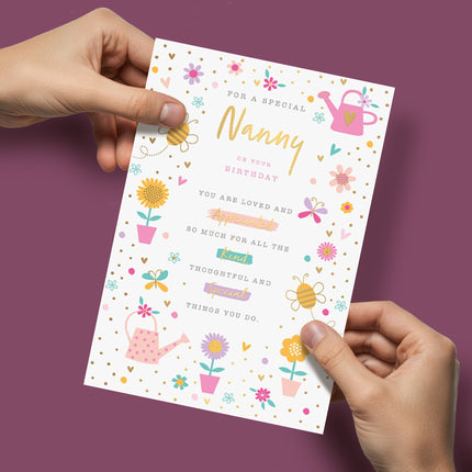 Birthday Card for Nanny – Floral & Bees Foil Design