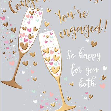 Engagement Card – Champagne Toast & Hearts Design with Gold Foil