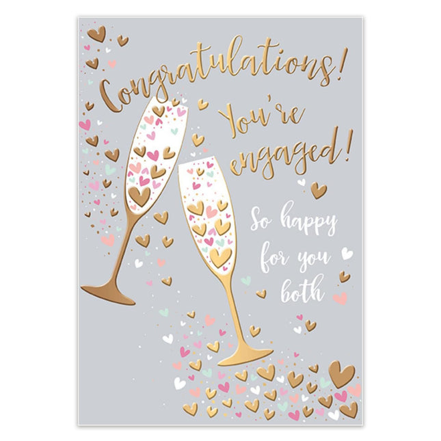 Engagement Card – Champagne Toast & Hearts Design with Gold Foil
