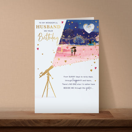Birthday Card for Husband – Telescope Moonlight Walk Design with Foil & Flitter Details