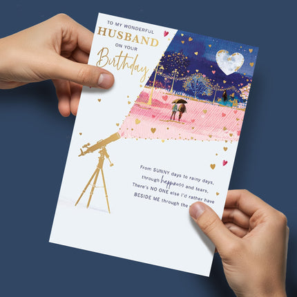 Birthday Card for Husband – Telescope Moonlight Walk Design with Foil & Flitter Details