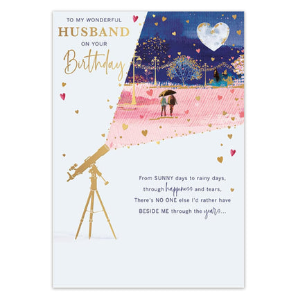 Birthday Card for Husband – Telescope Moonlight Walk Design with Foil & Flitter Details