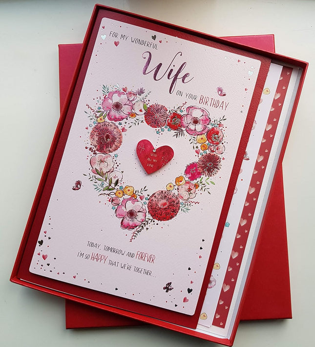 Birthday Card for Wife – Floral Love Heart Design with Embossed Foil & Embellishment